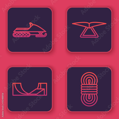 Set line Snowmobile, Skate park, Hang glider and Climber rope. Blue square button. Vector