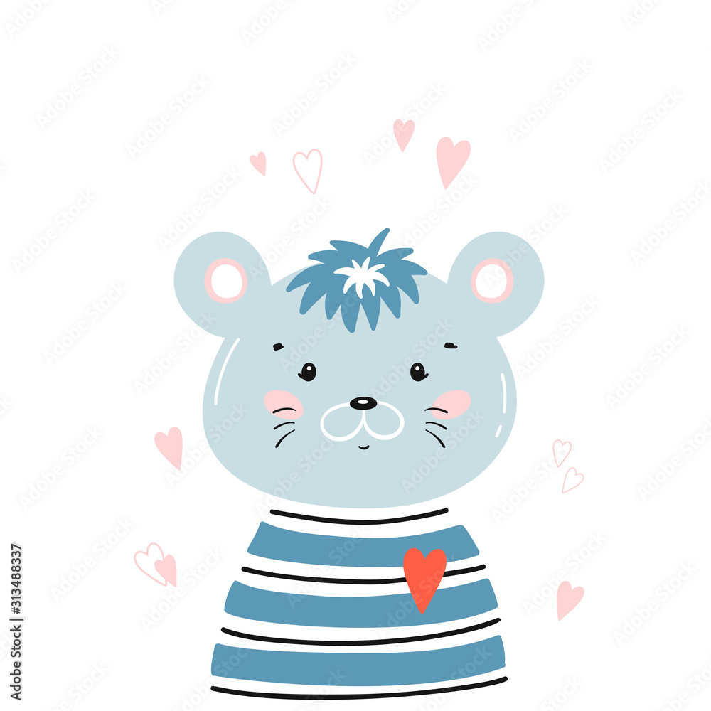 Fototapeta premium T-shirt Print Design for Kids with Little Cute Mouse Head with Hearts. Rat Face. Doodle Cartoon Kawaii Animal Vector Illustration. Scandinavian Print or Poster Design, Baby Shower Greeting Card