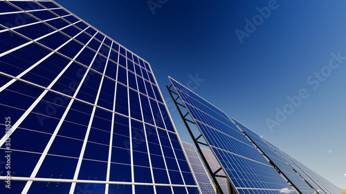 Low Angle View of Solar Panels Under Blue Sky 3D Rendering