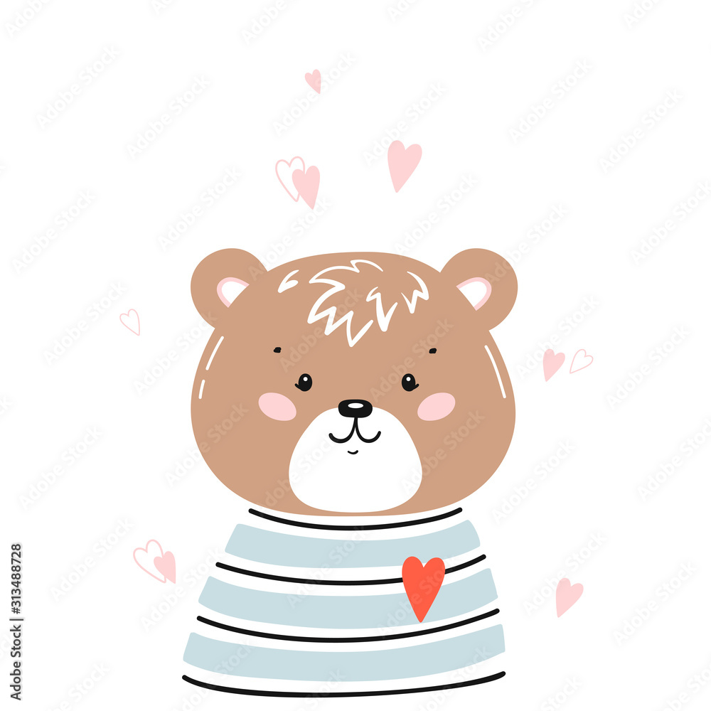 T-shirt Print Design for Kids with Little Cute Brown Bear Head with Hearts. Teddy Bear Face. Doodle Cartoon Kawaii Animal Vector Illustration. Scandinavian Print or Poster Design, Baby Shower Card T-shirt Print Design for Kids with Little Cute Brown Bear Head with Hearts. Teddy Bear Face. Doodle Cartoon Kawaii Animal Vector Illustration. Scandinavian Print or Poster Design, Baby Shower Card