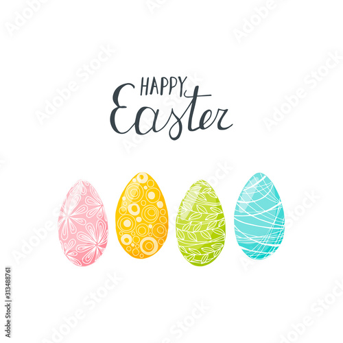 Happy Easter lettering. Hand drawn Easter eggs poster. Stock vector illustration.