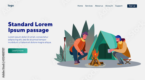 Man and woman sitting near fire