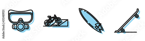 Set line Surfboard, Diving mask, Bicycle on street ramp and Skateboard icon. Vector