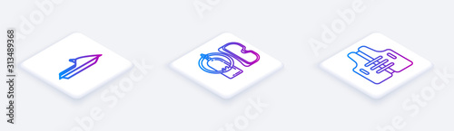 Set Isometric line Jet ski, Diving mask and aqualung and Life jacket. White square button. Vector