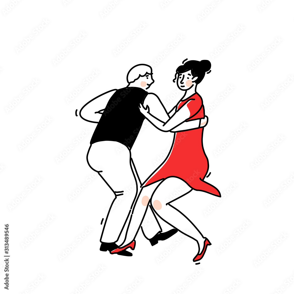 Lindy hop dance illustration. Couple moving in swingout position. Funny retro social party sign. Young dancing girl in red dress and man in vest and pants. Vector outline pair isolated on white