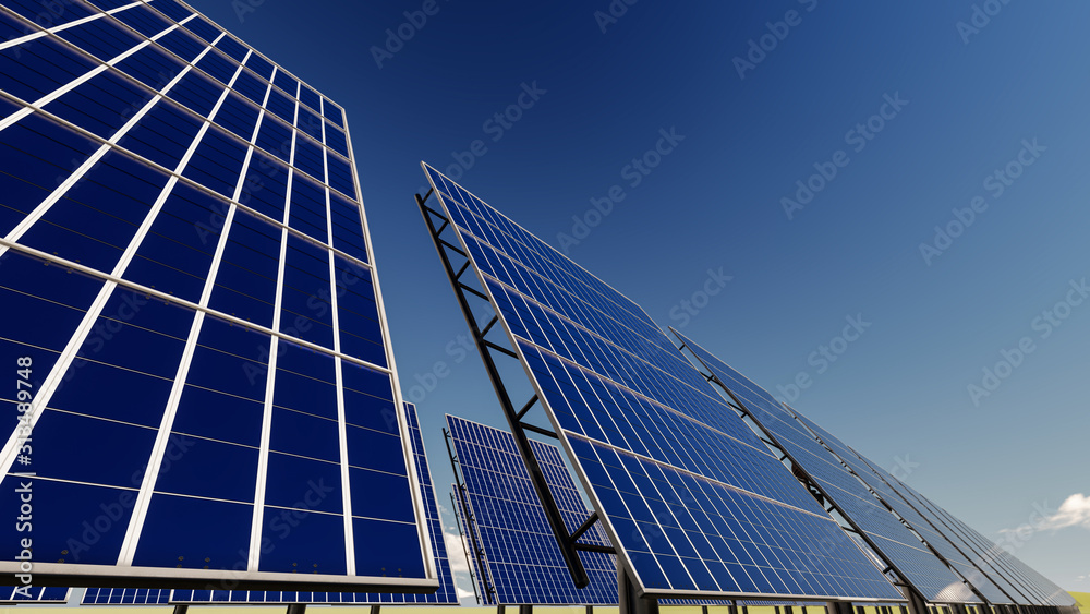 Obraz premium Rows of Solar Panels Under Clear Sky 3D Rendering