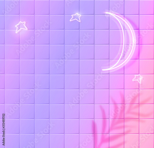 White glowing moon and stars, neon effect on purple ceramic tiles wall. Trendy background with tropic leaves shadow overlay. Square pink vector backdrop