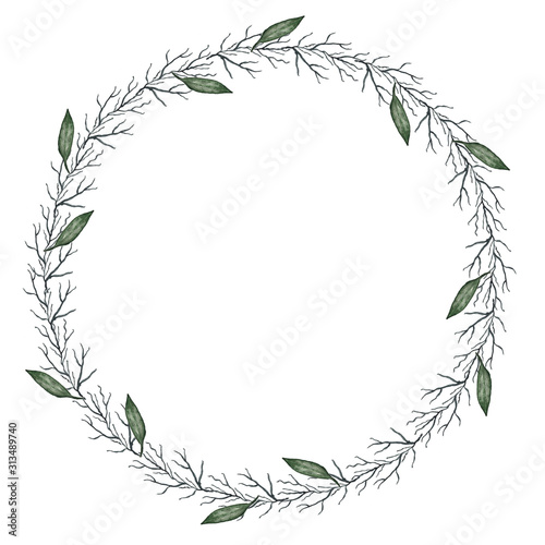 Fototapeta Naklejka Na Ścianę i Meble -  Hand drawn watercolor illustration. Round frame beautiful wreath with leaves, branches. Design for wedding invitations, greeting cards, save the date invitation, prints, postcards and other design.