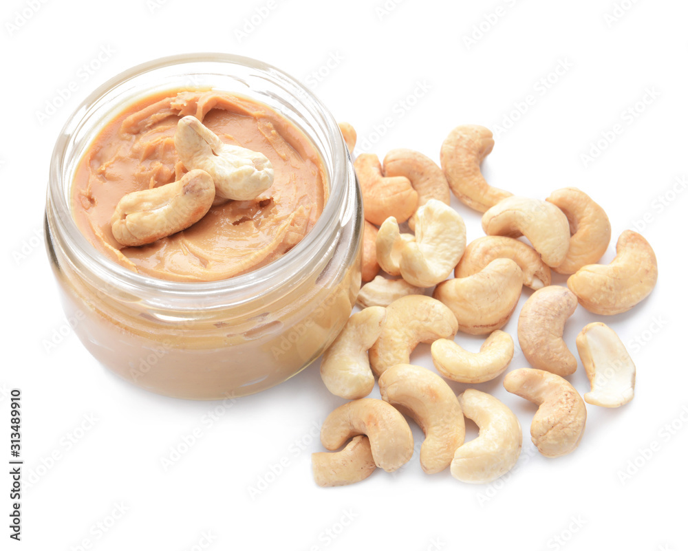 Jar of cashew butter on white background Jar of cashew butter on white background