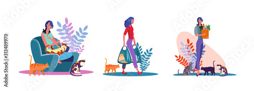 Set of young woman with cats
