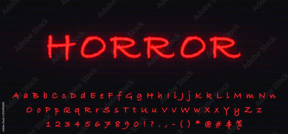 Set of red neon font horror style. Editable letters, numerals, signs, icons with transparent glow for web design and advertising