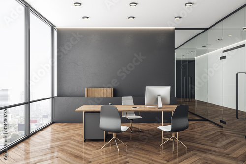 Minimalistic concrete coworking office interior photo