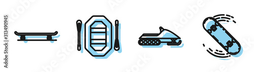 Set line Snowmobile, Skateboard, Rafting boat and Skateboard trick icon. Vector