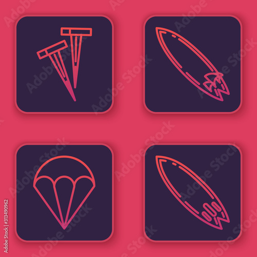 Set line Pegs for tents, Parachute, Surfboard and Surfboard. Blue square button. Vector