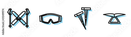 Set line Pegs for tents, Ski and sticks, Ski goggles and Hang glider icon. Vector