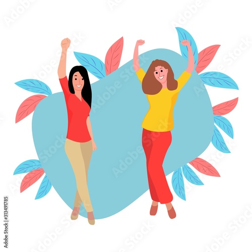 Two young women dancing, having fun, one with long hair   black hair, and   the other with long blond hair, friends.   Vector flat illustration, graphic   design, style. photo