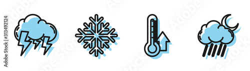 Set line Thermometer, Storm, Snowflake and Cloud with rain and moon icon. Vector