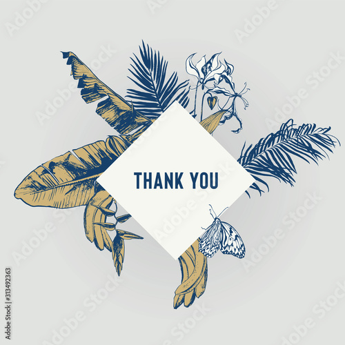 Tropical leaves, fruit, flowers wedding invitation