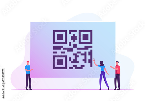 Cashless Society Concept. Woman Hold Smartphone in Hand Scanning Huge Store Qr Code to Check Prices, Receive Promotions and Discounts. Mobile Application for Shopping. Cartoon Flat Vector Illustration