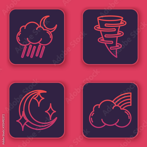 Set line Cloud with rain and moon, Moon and stars, Tornado and Rainbow with clouds. Blue square button. Vector