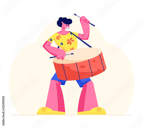 Excited Drummer Playing Music with Sticks on Drums