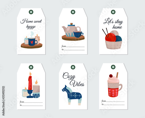 Collection of hygge gift tags. Vector,  cozy, warm and cute illustration on white background and lettering wishes. Seasonal labels