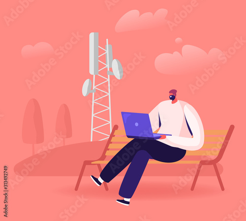Young Man Sitting on Bench with Laptop in Hands near Transmission Telecommunication Tower Communicating Online Using High-speed 5G Internet. Social Media Networking Cartoon Flat Vector Illustration