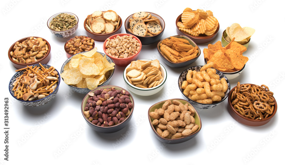 Salty snacks isolated on white Salty snacks isolated on white