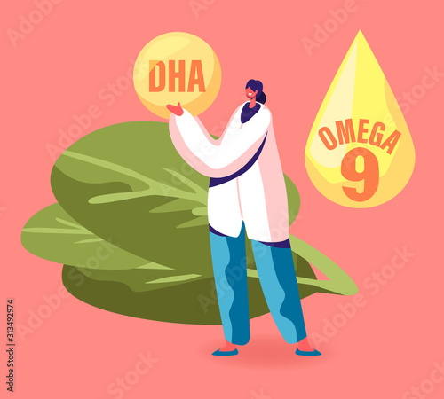 Doctor Female Character Wearing White Robe Holding Huge Droplet of DHA Docosahexaenoic Acid Type of Omega Fat that Improve Many Aspects of Health from Brain to Heart. Cartoon Flat Vector Illustration