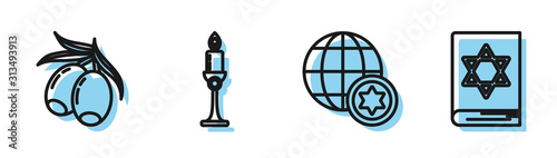 Set line World Globe and Israel, Olives branch, Burning candle in candlestick and Jewish torah book icon. Vector