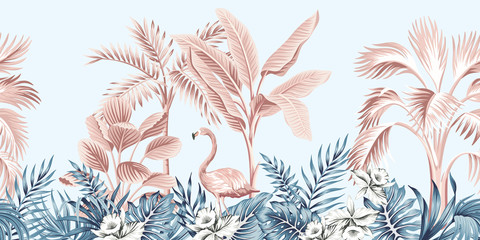 Fototapete Vintage botanische Landschaft Rosa Flamingo Palmen Vintage Grau  © good_mood