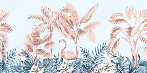 Tropical vintage botanical landscape, pink palm tree, banana tree, blue plant, pink flamingo floral seamless border grey background. Exotic jungle animal wallpaper.