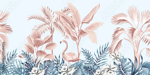 Obraz Tropikalny krajobraz botaniczny, palmy, drzewa bananowe, flaming. Tapeta zwierząt egzotycznych dżungli.