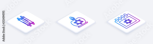 Set Isometric line Torah scroll, Burning candle in candlestick with star of david and Jewish calendar with star of david. White square button. Vector