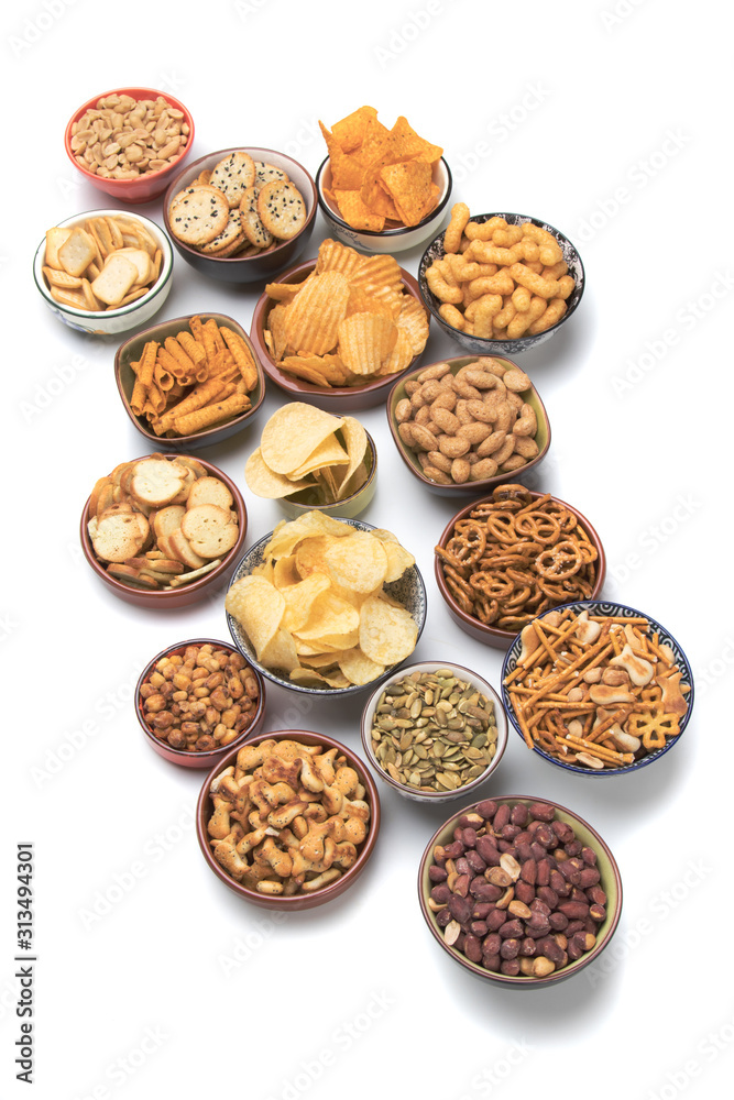 Salty snacks isolated on white Salty snacks isolated on white