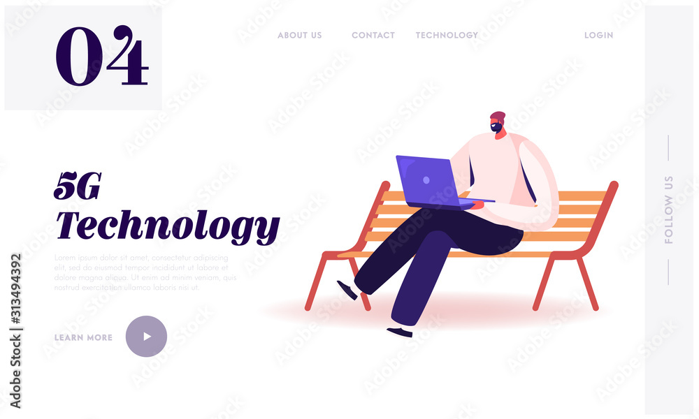 High-speed 5G Internet Technology Website Landing Page. Young Man Sitting on Bench with Laptop in Hands Communicating Online in Social Media Network Web Page Banner. Cartoon Flat Vector Illustration High-speed 5G Internet Technology Website Landing Page. Young Man Sitting on Bench with Laptop in Hands Communicating Online in Social Media Network Web Page Banner. Cartoon Flat Vector Illustration
