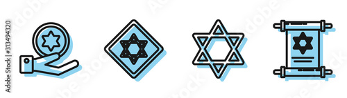 Set line Star of David, Jewish coin on hand, Star of David and Torah scroll icon. Vector