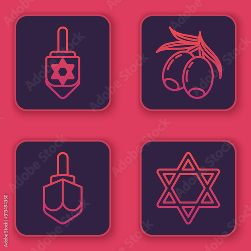 Set line Hanukkah dreidel, Hanukkah dreidel, Olives branch and Star of David. Blue square button. Vector