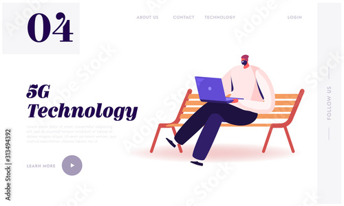 High-speed 5G Internet Technology Website Landing Page. Young Man Sitting on Bench with Laptop in Hands Communicating Online in Social Media Network Web Page Banner. Cartoon Flat Vector Illustration