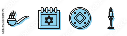 Set line Jewish coin, Smoking pipe with smoke, Jewish calendar with star of david and Burning candle in candlestick icon. Vector