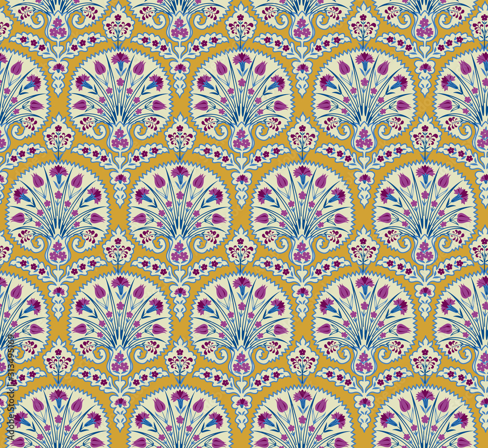Floral seamless fabric pattern. Flourish tiled oriental ethnic background. Arabic ornament with fantastic flowers and leaves.