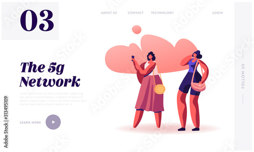 5G Internet Connection, Social Media Networking Website Landing Page. Young Women Using Cellular Connection for Smartphones, Communicating Online Web Page Banner. Cartoon Flat Vector Illustration