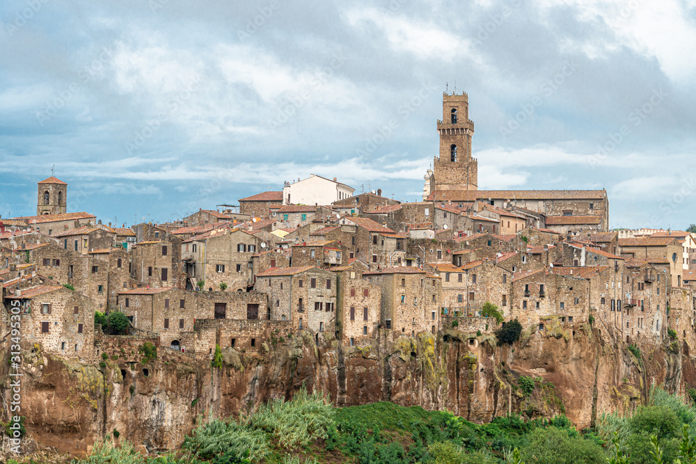 View of the medieval village Pitigliano founded in Etruscan time on the tuff hill, Tuscany, Italy