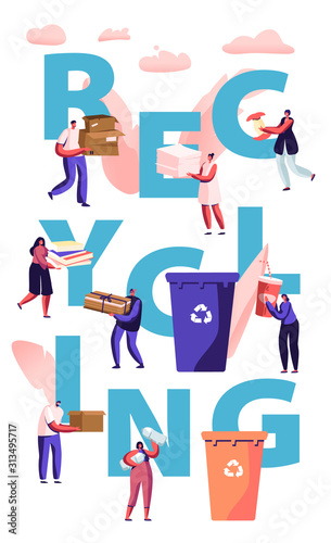 Recycling Concept. People Throw Garbage into Containers with Recycle Sign. City Dwellers Collecting Trash. Pollution, Ecology Protection Poster Banner Flyer Brochure. Cartoon Flat Vector Illustration
