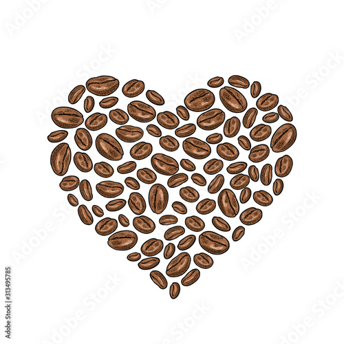 Coffee beans composition heart shaped. Vintage vector color engraving