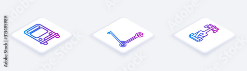 Set Isometric line Bus, Scooter and Formula race car. White square button. Vector