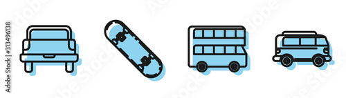 Set line Double decker bus, Pickup truck, Skateboard and Retro minivan icon. Vector