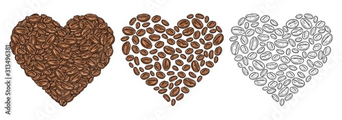 Coffee beans composition heart shaped. Vintage vector color engraving