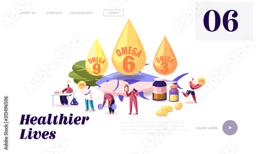 Omega Fats Website Landing Page. People Take Products and Vitamins with Polyunsaturated Fatty Acids, Natural Organic Food with High Omega 3- 6- 9 Web Page Banner. Cartoon Flat Vector Illustration