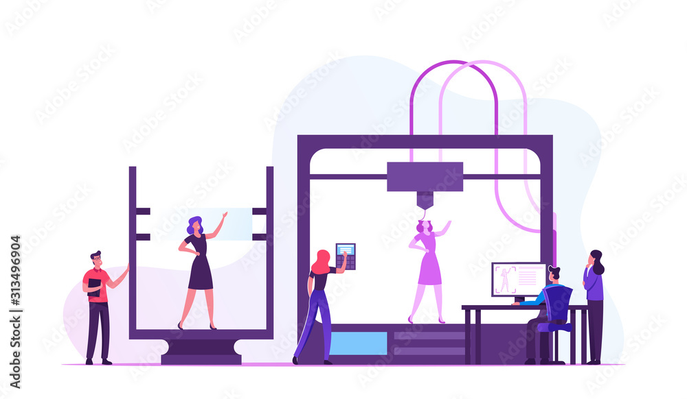 Developers and Engineers using 3d Printer for Creating Model of Alive Woman in Laboratory. Modeling Printing Progress, Additive Technology Development, Innovation Cartoon Flat Vector Illustration